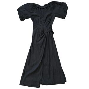 Reformation Black Puff Sleeve V-Neck Wrap Midi Dress